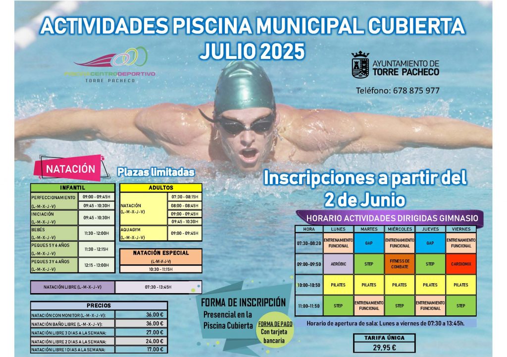 Cursos de natación para todas las edades, actividades dirigidas y gimnasio mes de julio de 2025